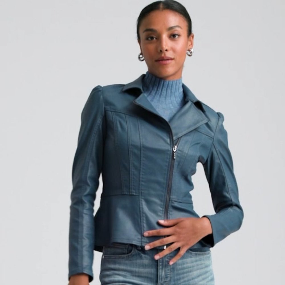 WHBM $200 Coated Denim Peplum Jacket Blue True Indigo - Picture 2 of 10